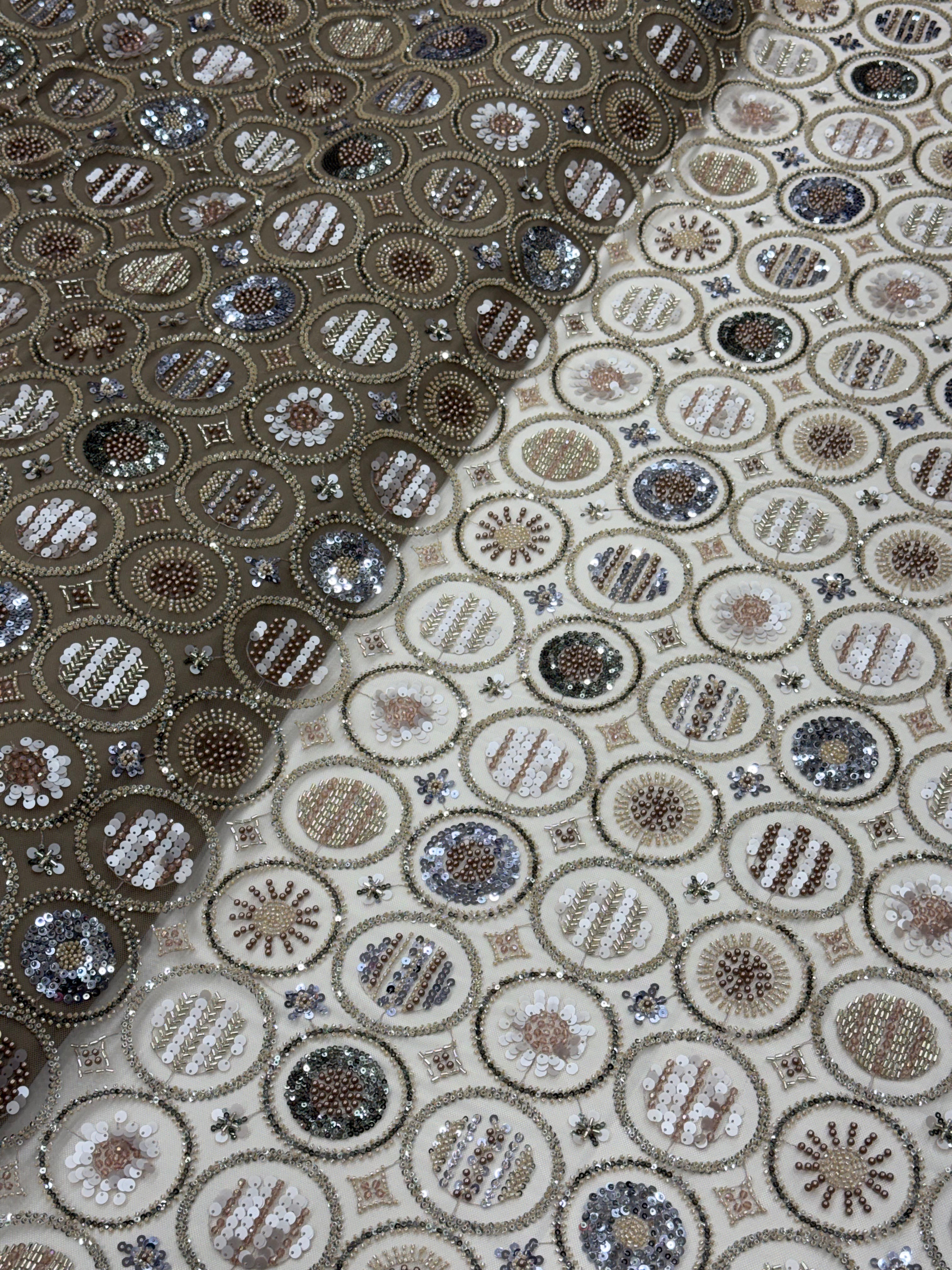 Champagne Gold Sequin Beaded Geometric Net Fabric | 2504882