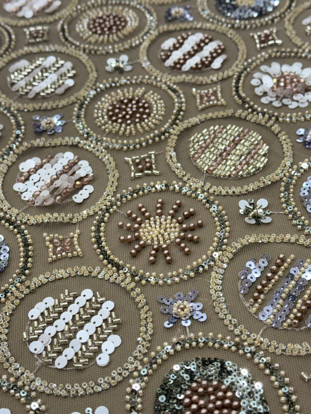 Champagne Gold Sequin Beaded Geometric Net Fabric | 2504882