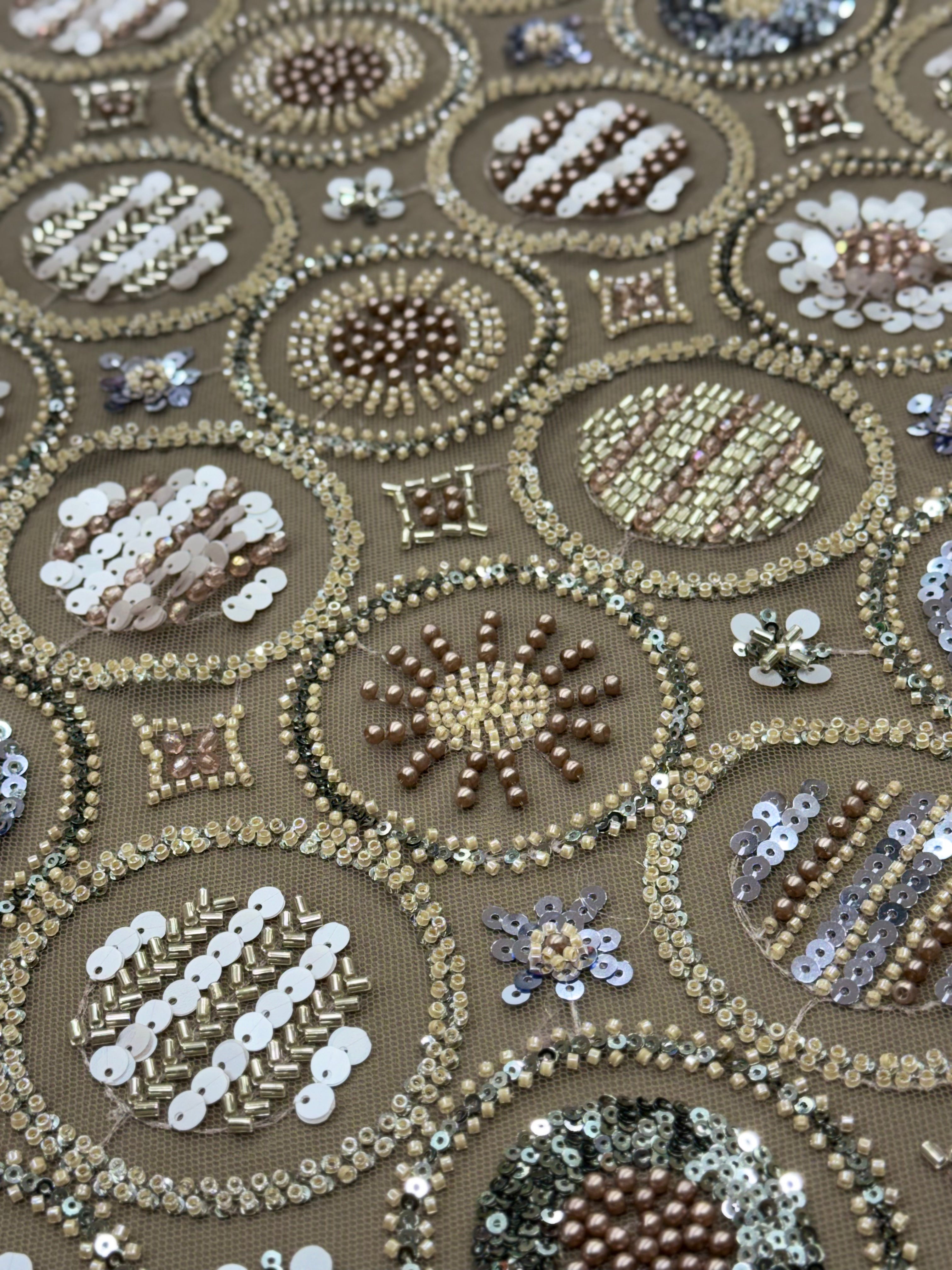 Champagne Gold Sequin Beaded Geometric Net Fabric | 2504882