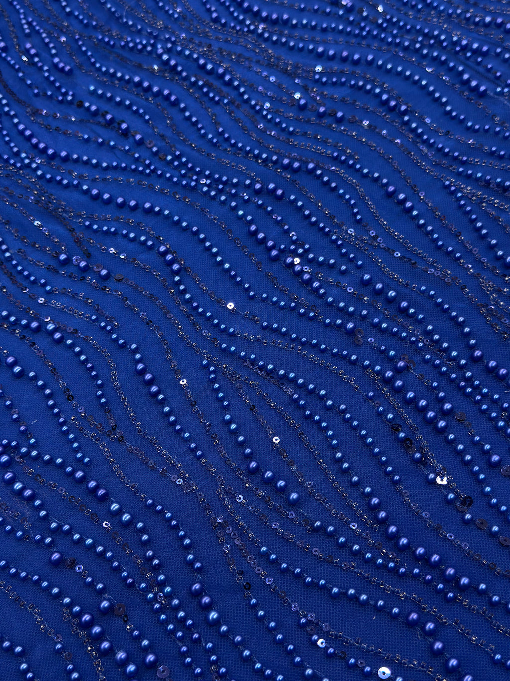 Royal Blue Pearl & Sequin Beaded Net Fabric| 2506661