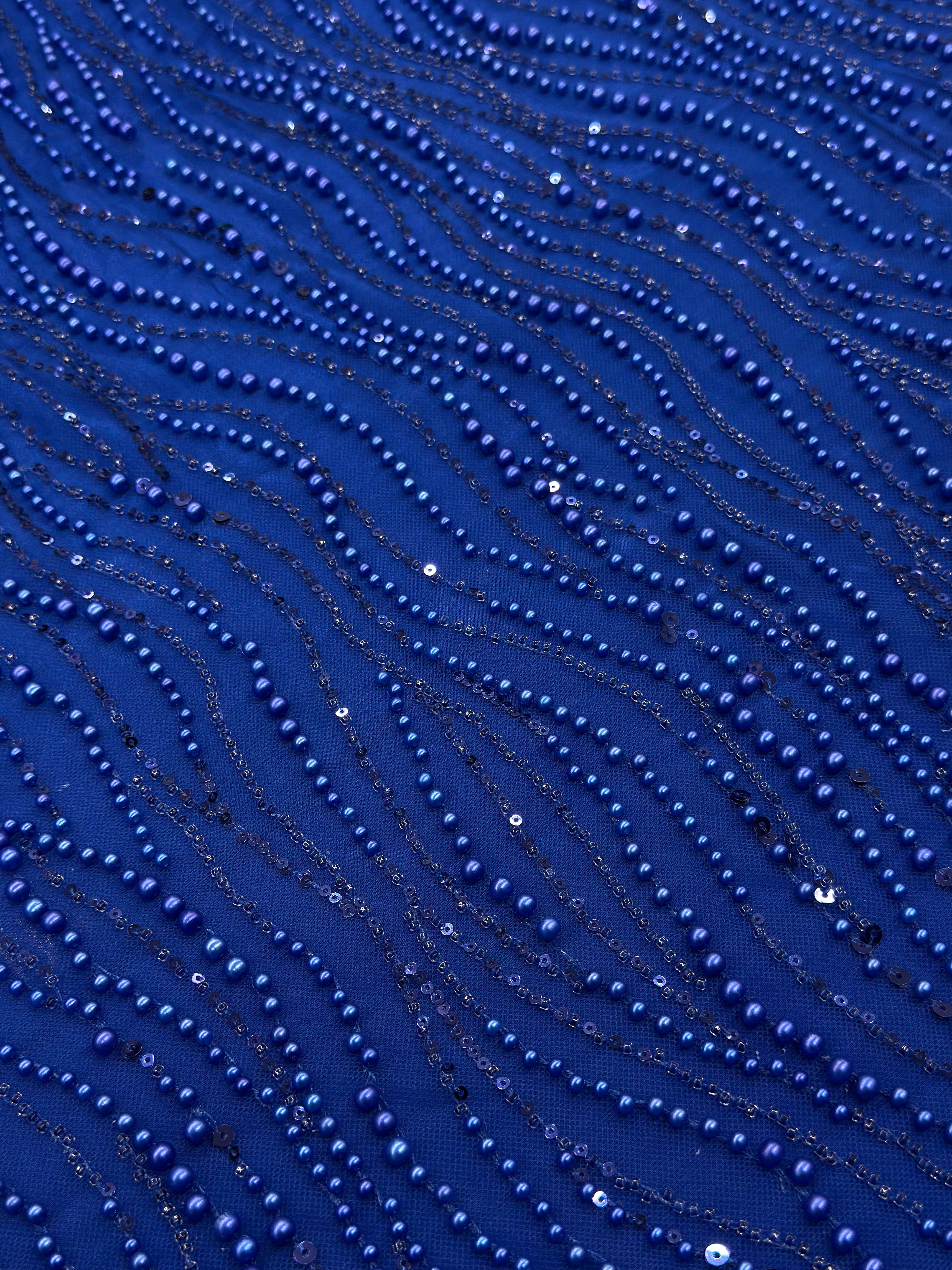 Royal Blue Pearl & Sequin Beaded Net Fabric| 2506661