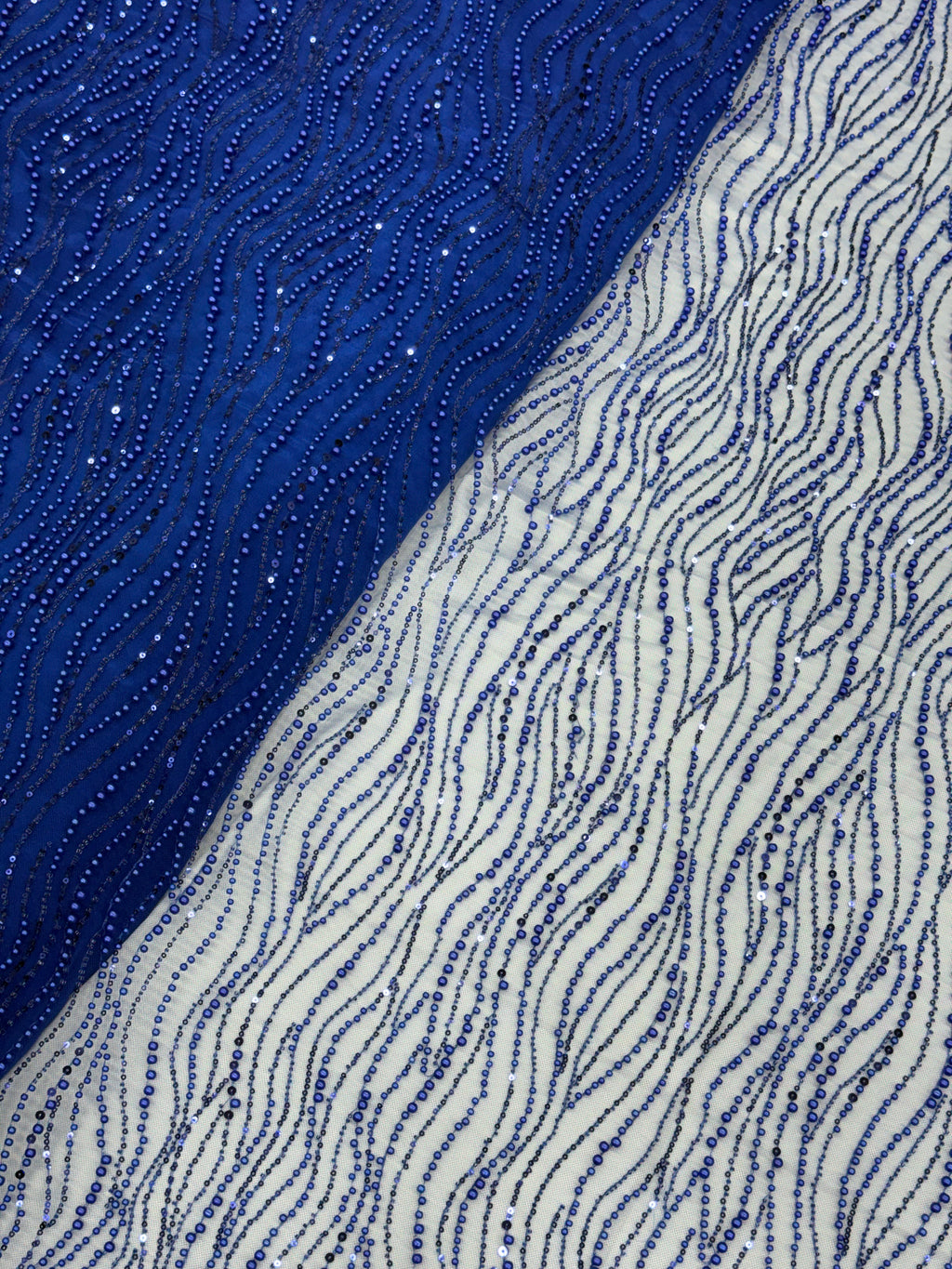 Royal Blue Pearl & Sequin Beaded Net Fabric| 2506661