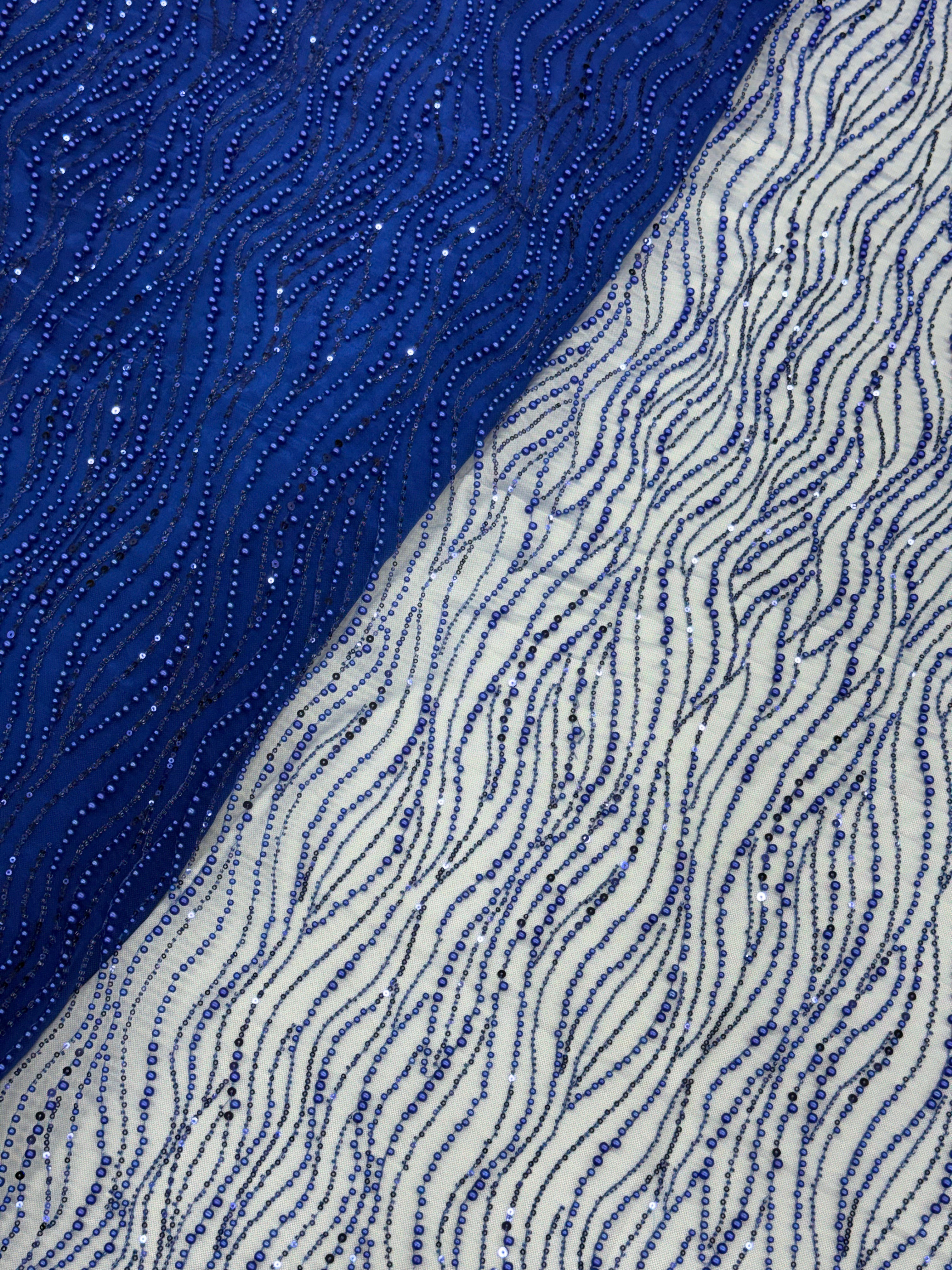 Royal Blue Pearl & Sequin Beaded Net Fabric| 2506661