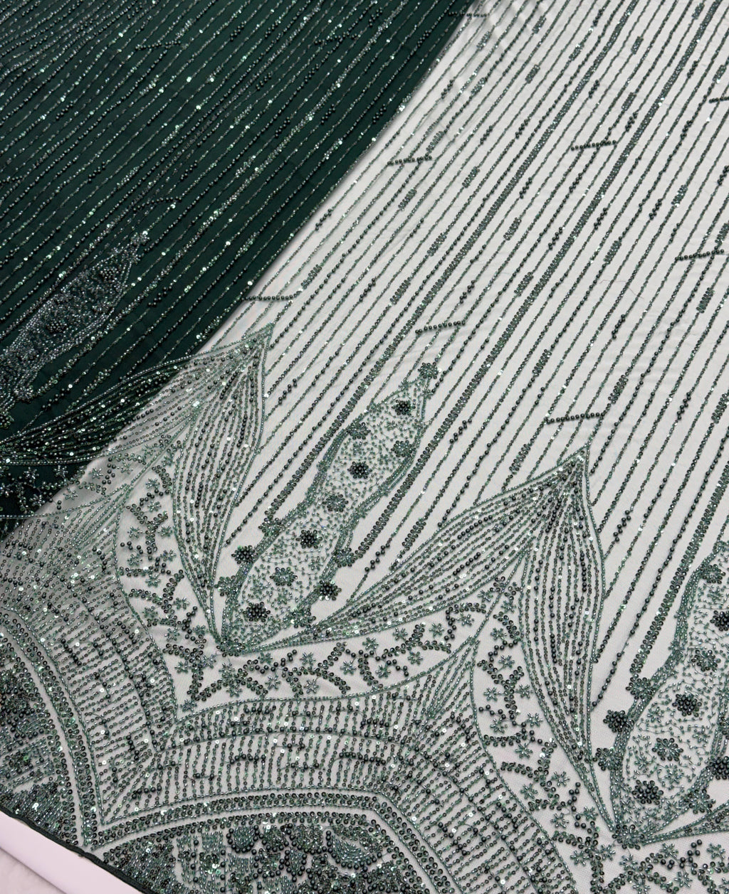Emerald Green Luxury Beadwork Sequin Net Fabric | 2504821