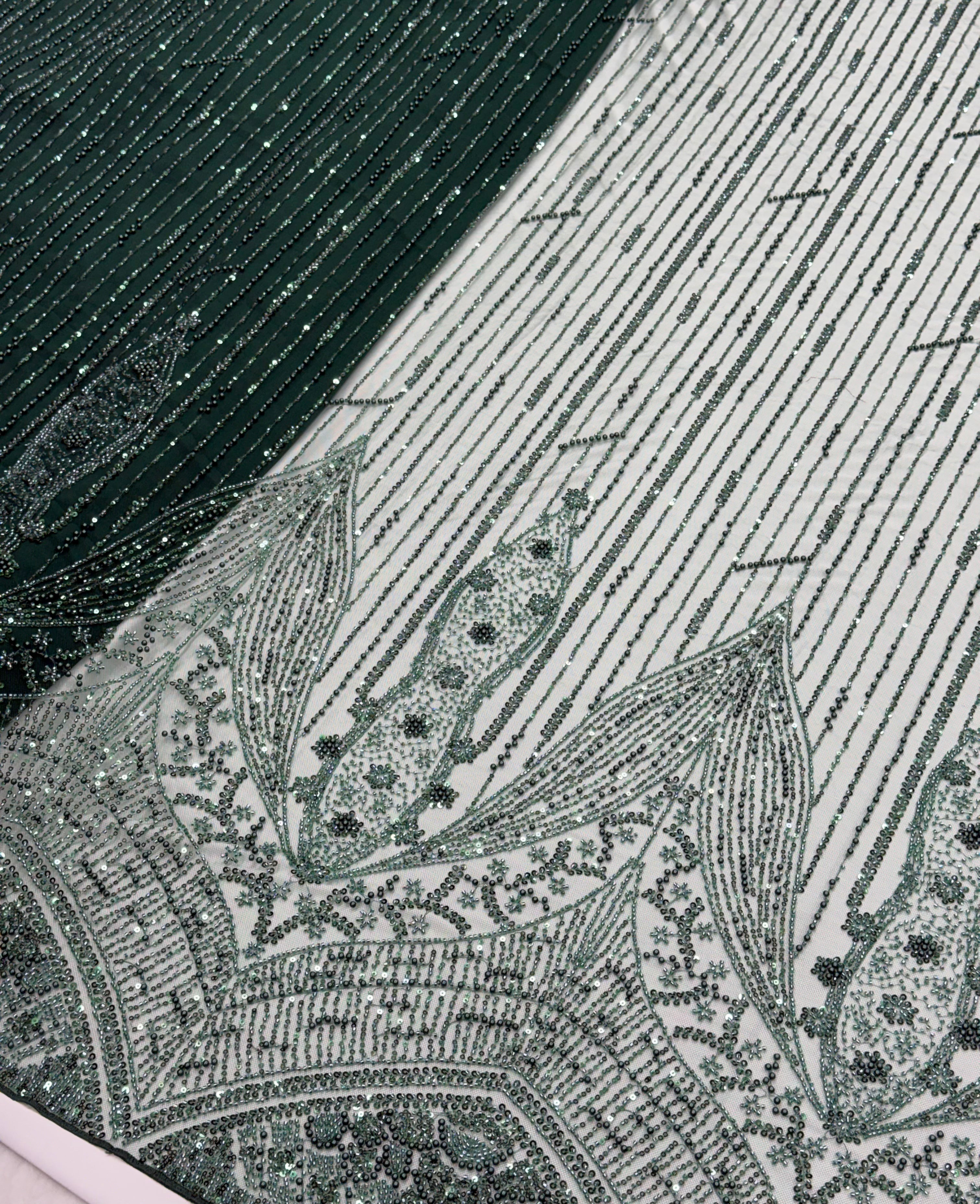Emerald Green Luxury Beadwork Sequin Net Fabric | 2504821