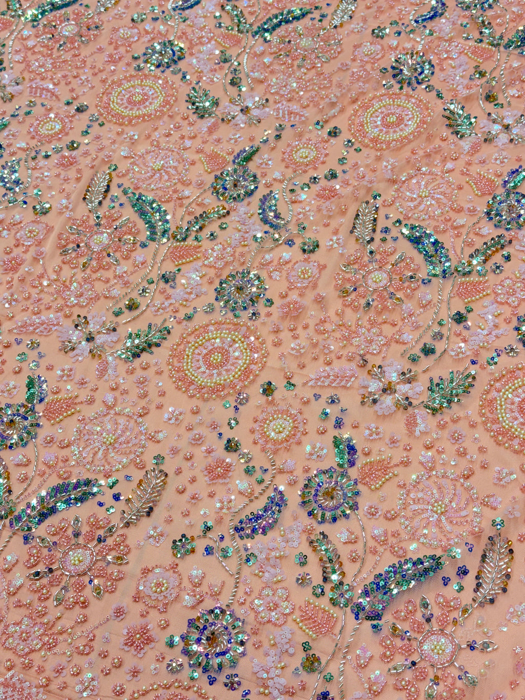 Peach Floral Multicolour Beadwork Net Fabric | 2505293