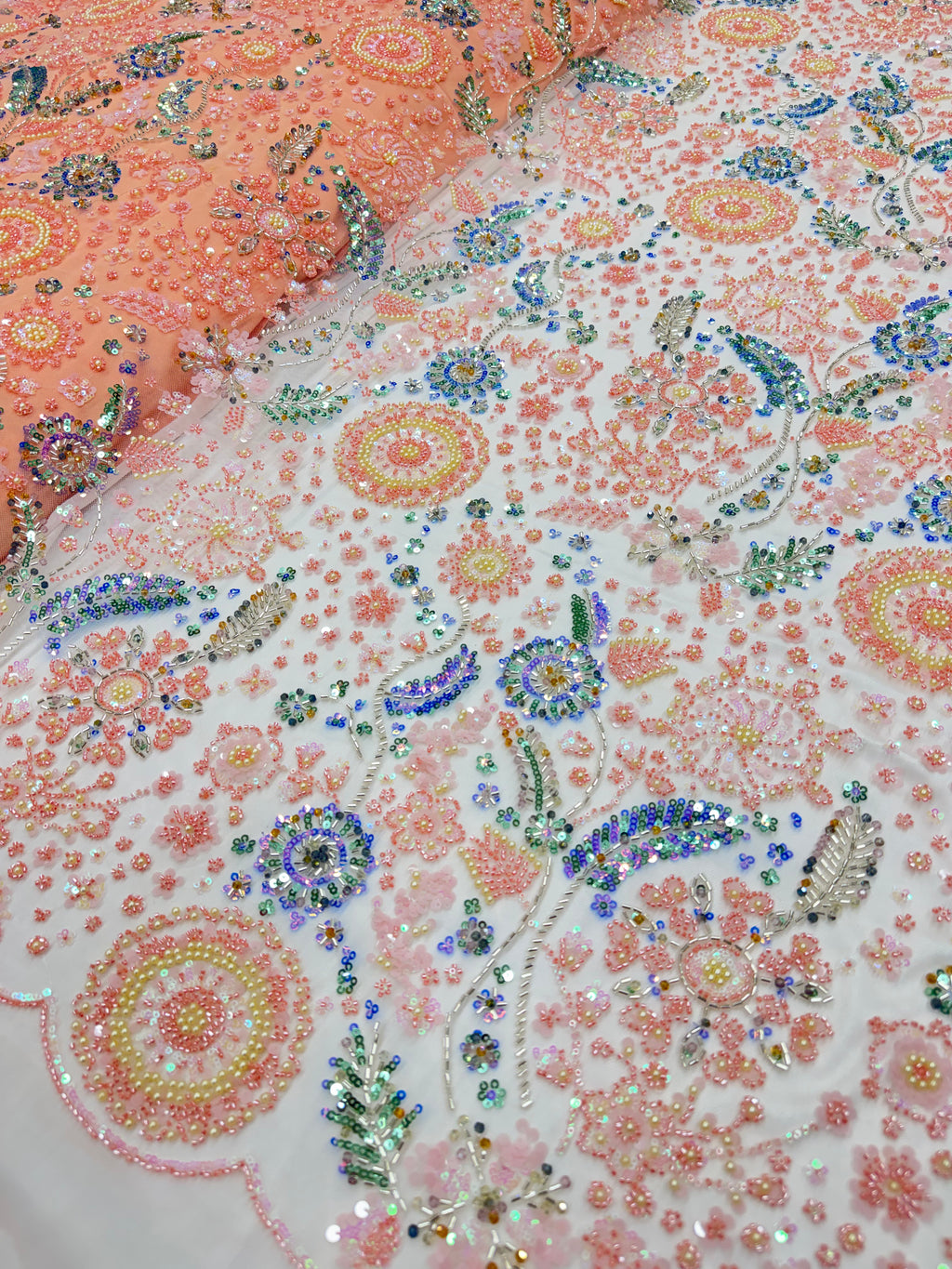 Peach Floral Multicolour Beadwork Net Fabric | 2505293