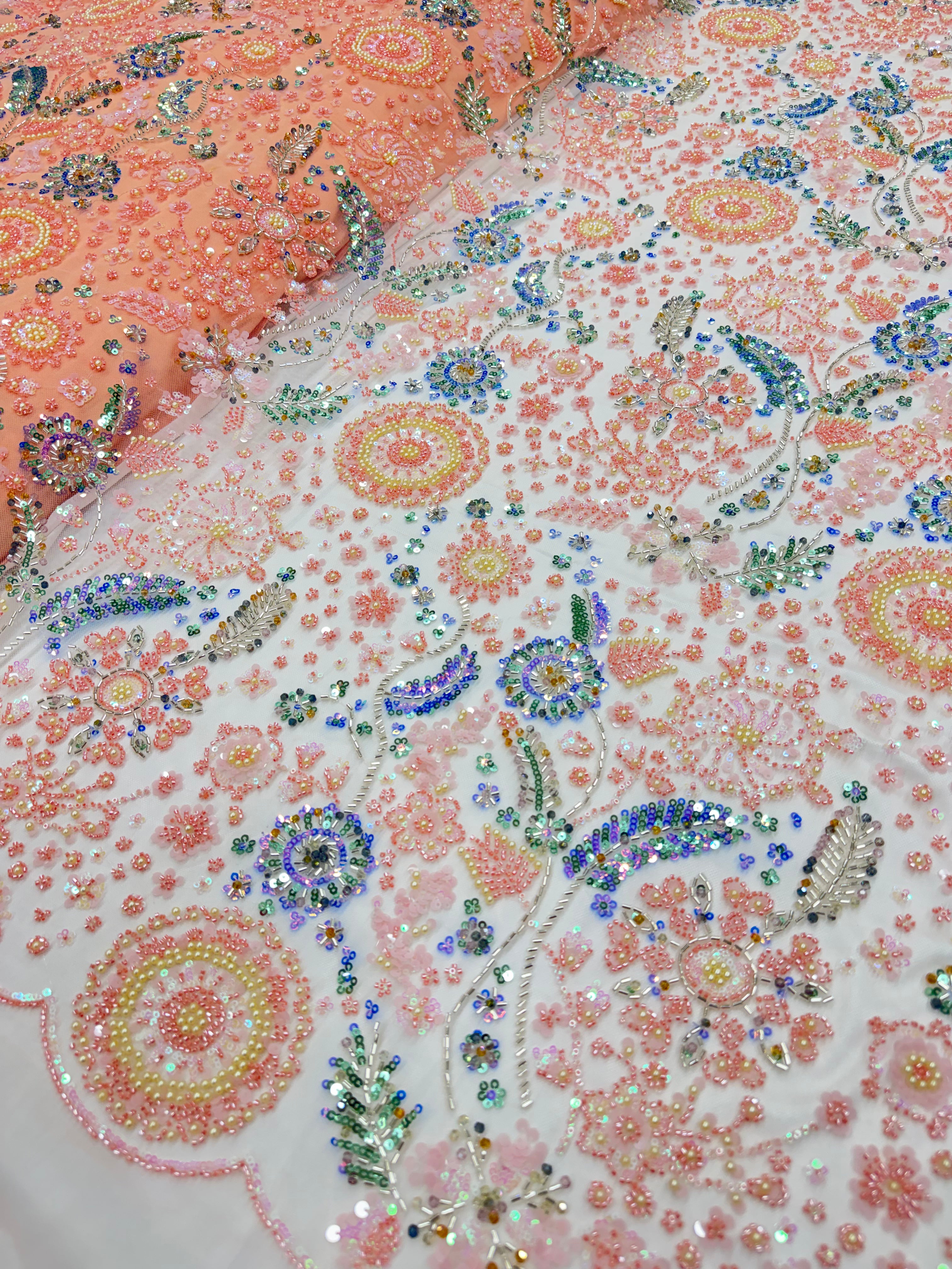Peach Floral Multicolour Beadwork Net Fabric | 2505293