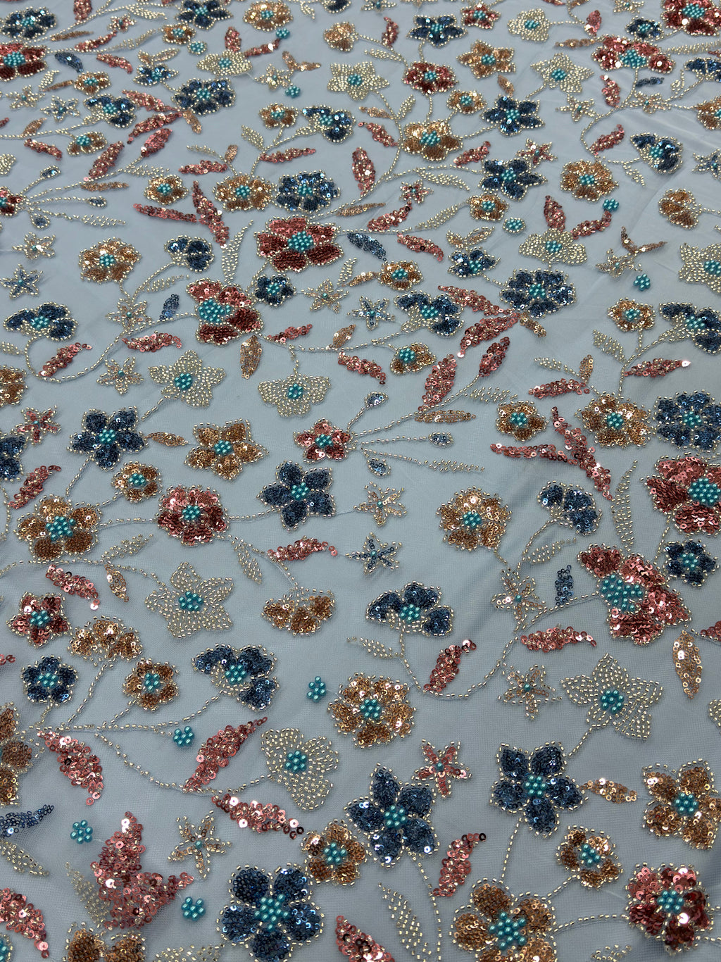 Powder Blue Multicolour Floral Beadwork Net Fabric | 2504096