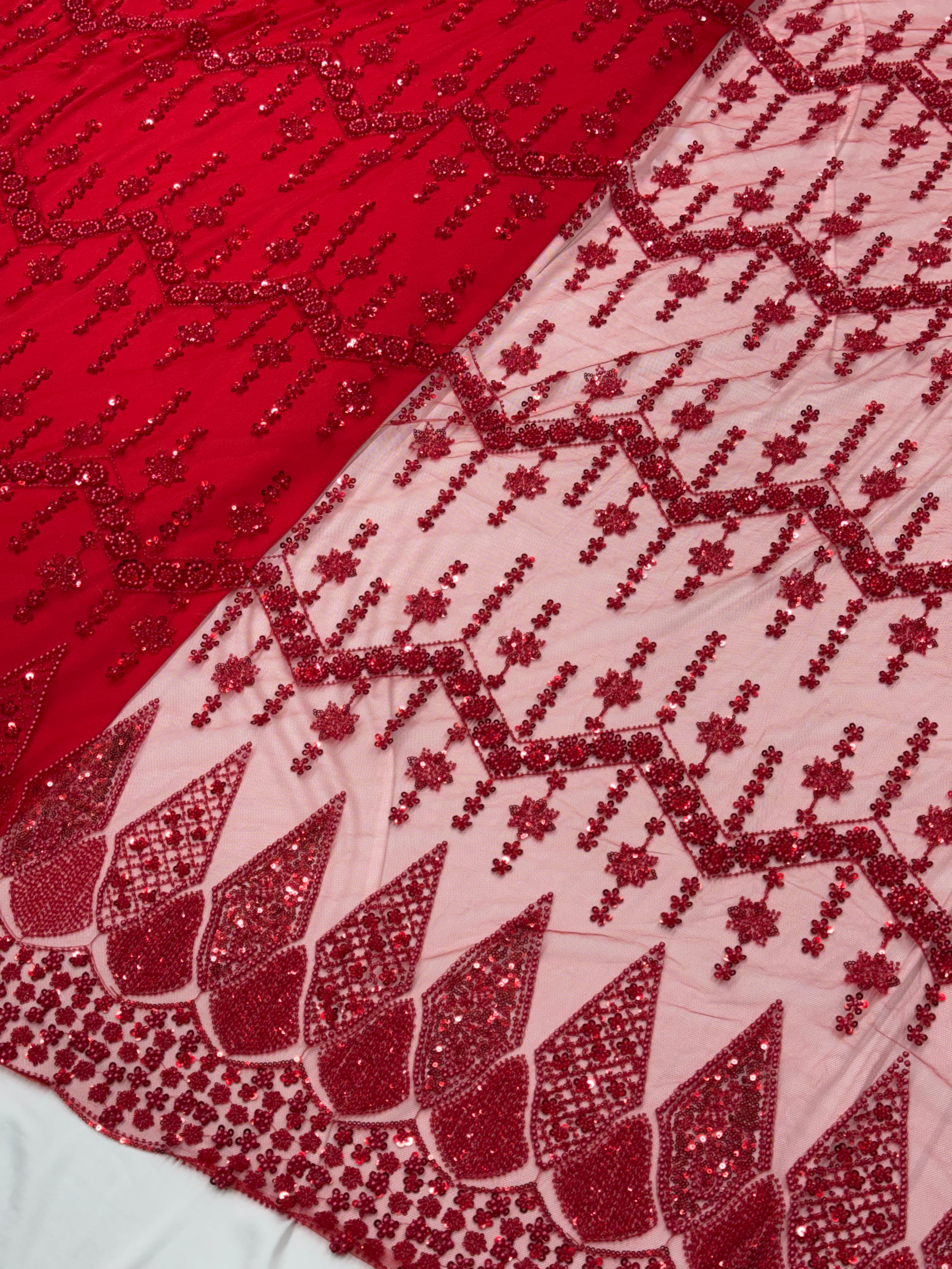 Crimson Red Sequin Chevron Beadwork Net Fabric | 2506693