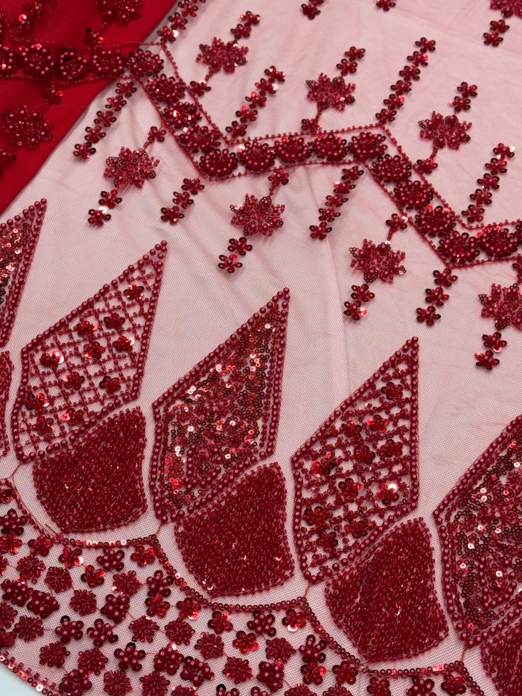 Crimson Red Sequin Chevron Beadwork Net Fabric | 2506693