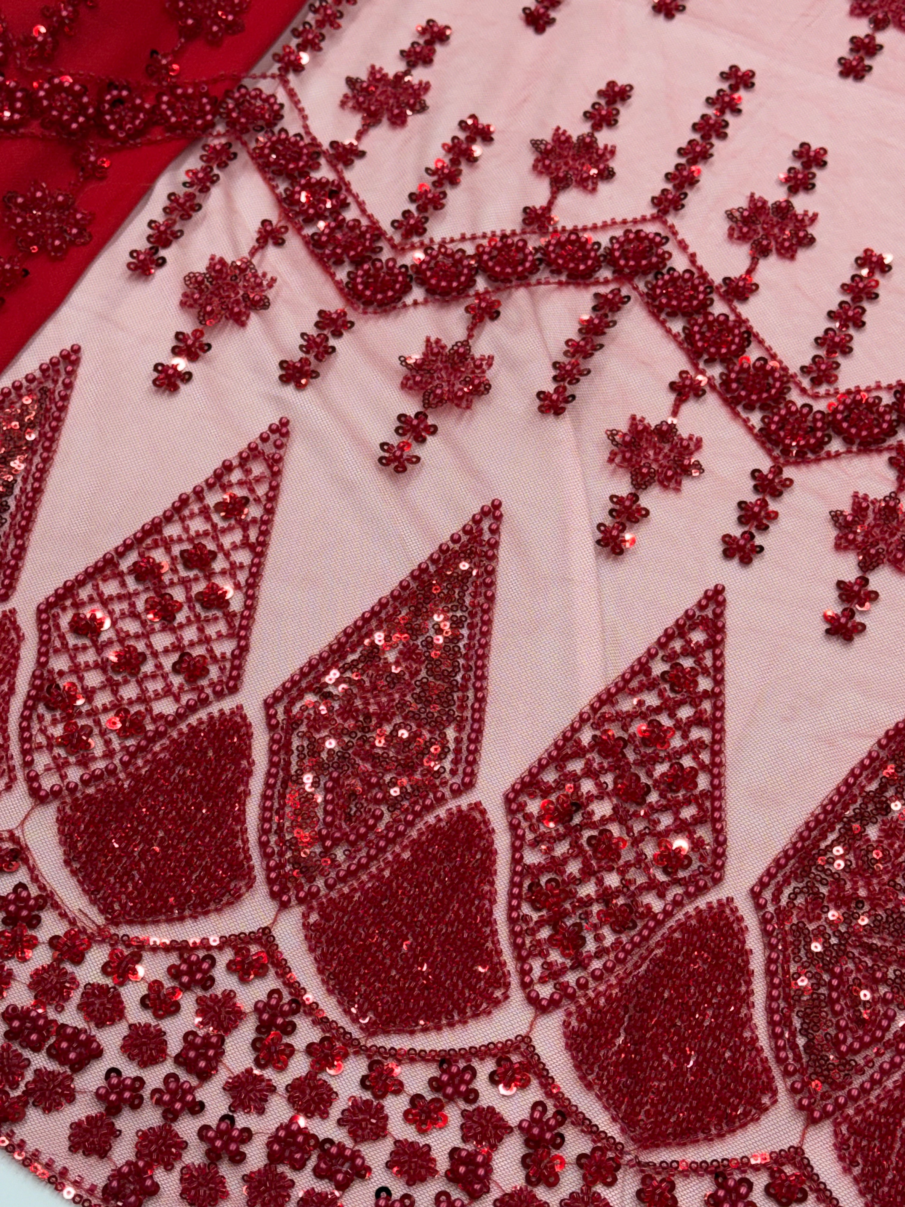 Crimson Red Sequin Chevron Beadwork Net Fabric | 2506693