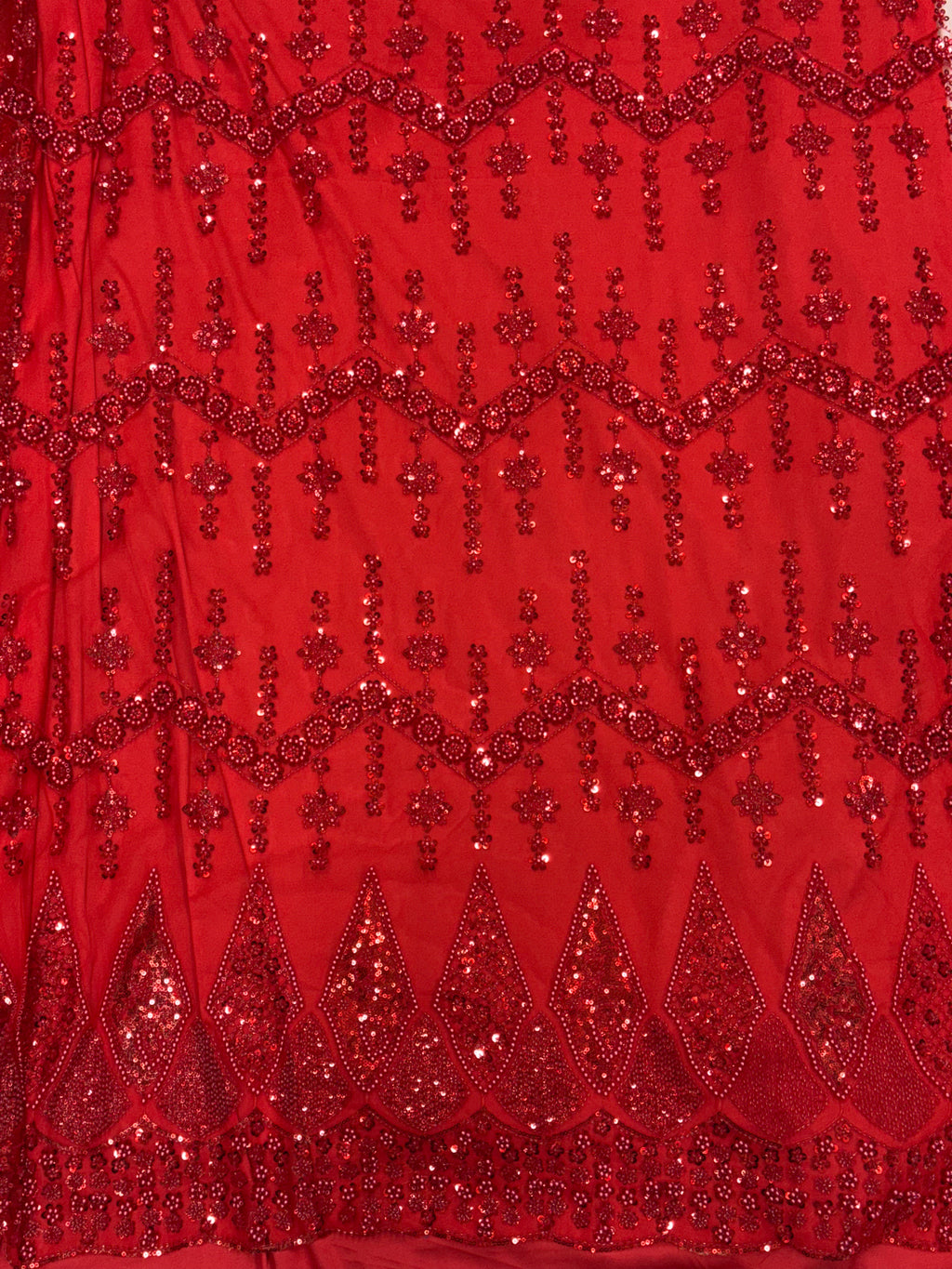 Crimson Red Sequin Chevron Beadwork Net Fabric | 2506693