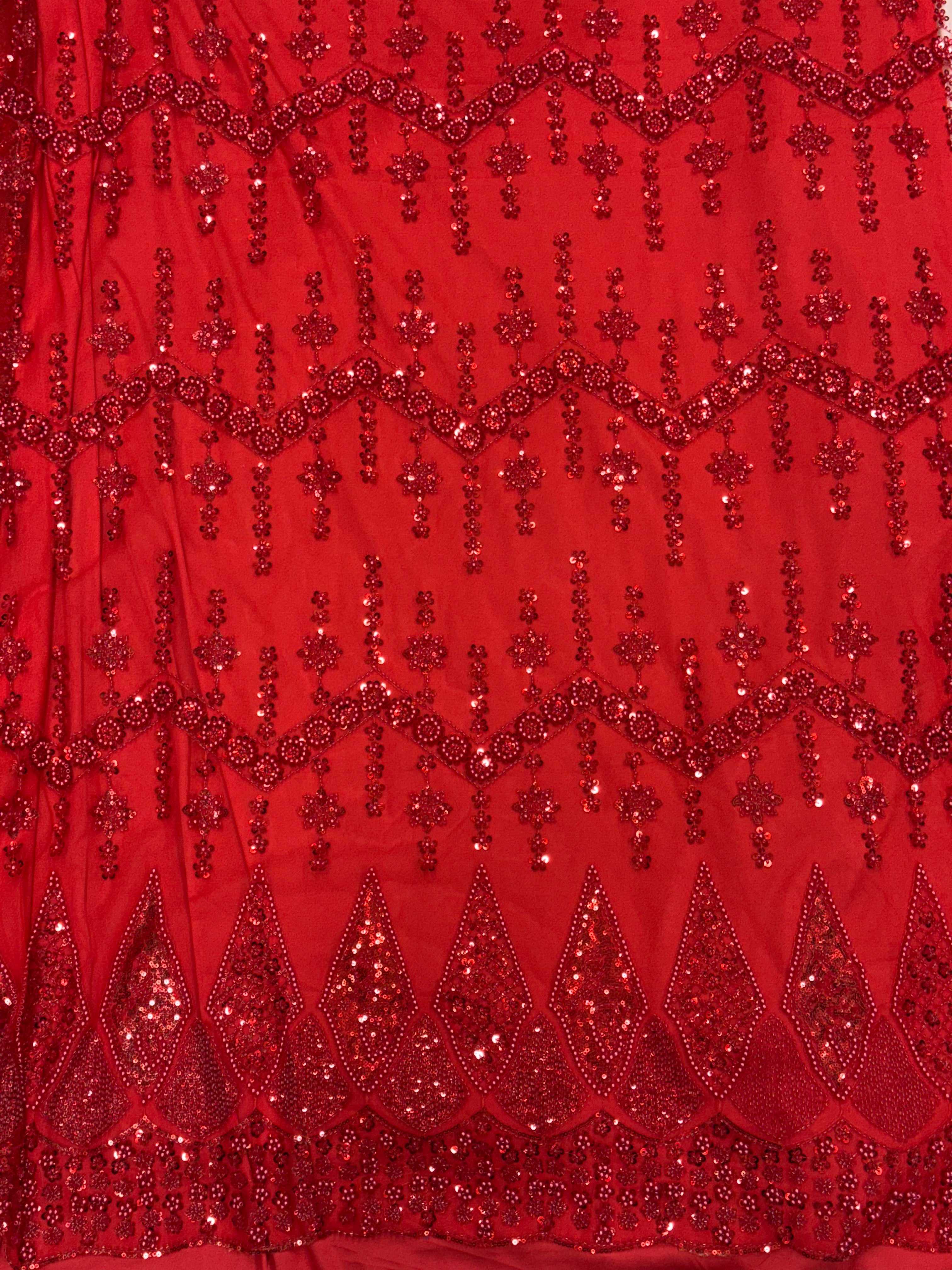 Crimson Red Sequin Chevron Beadwork Net Fabric | 2506693