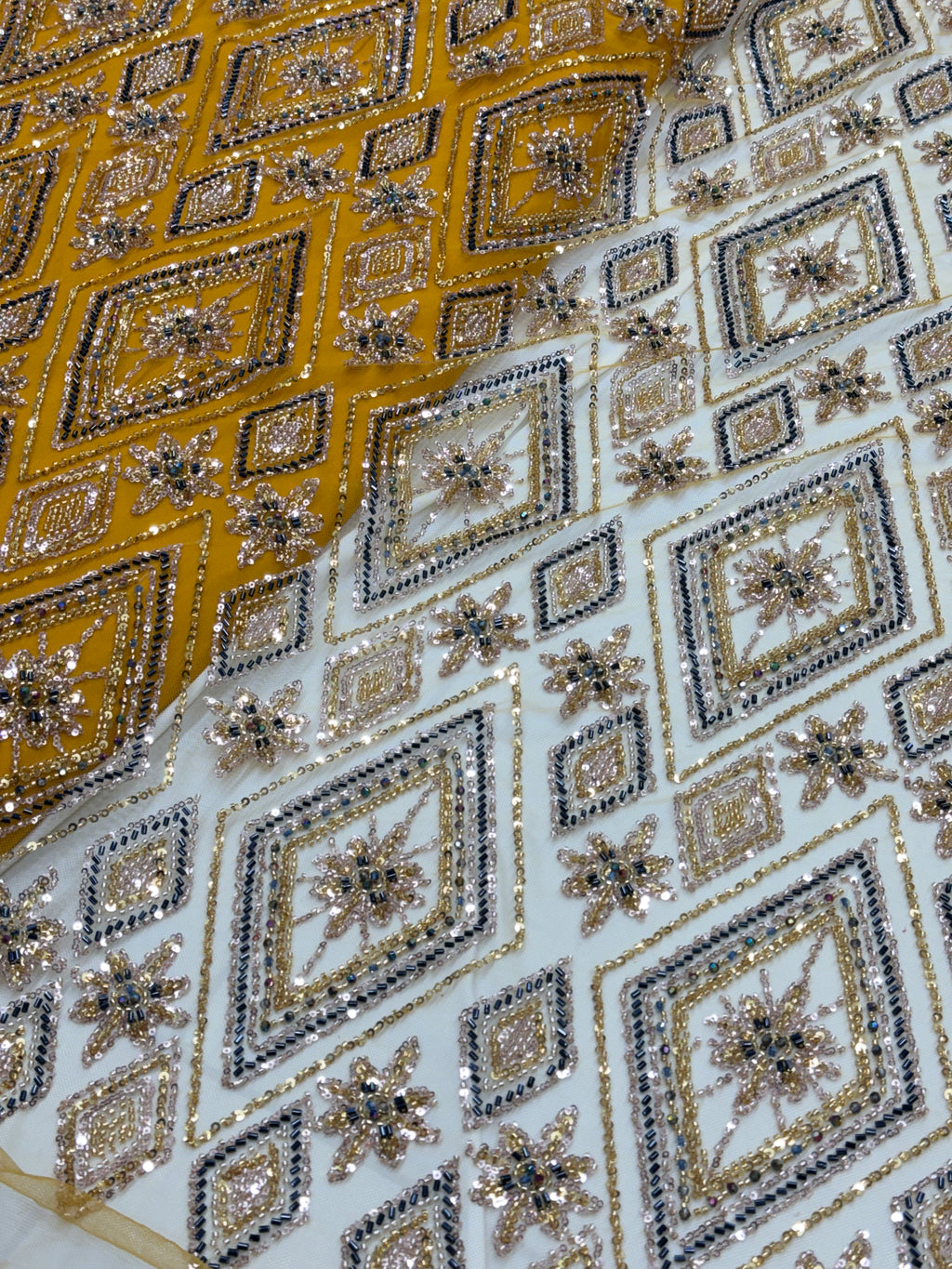 Yellow Diamond Beadwork Net Fabric | 2505229