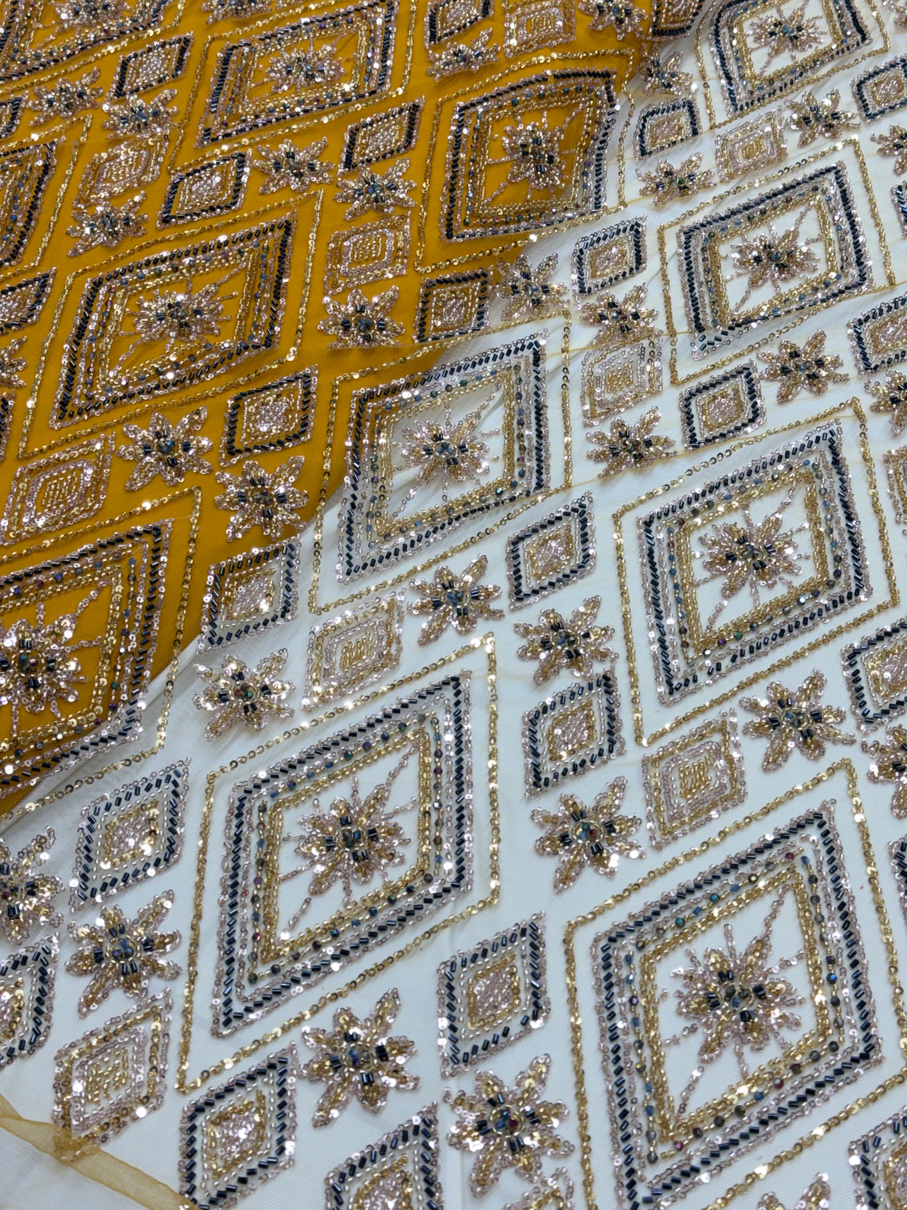 Yellow Diamond Beadwork Net Fabric | 2505229