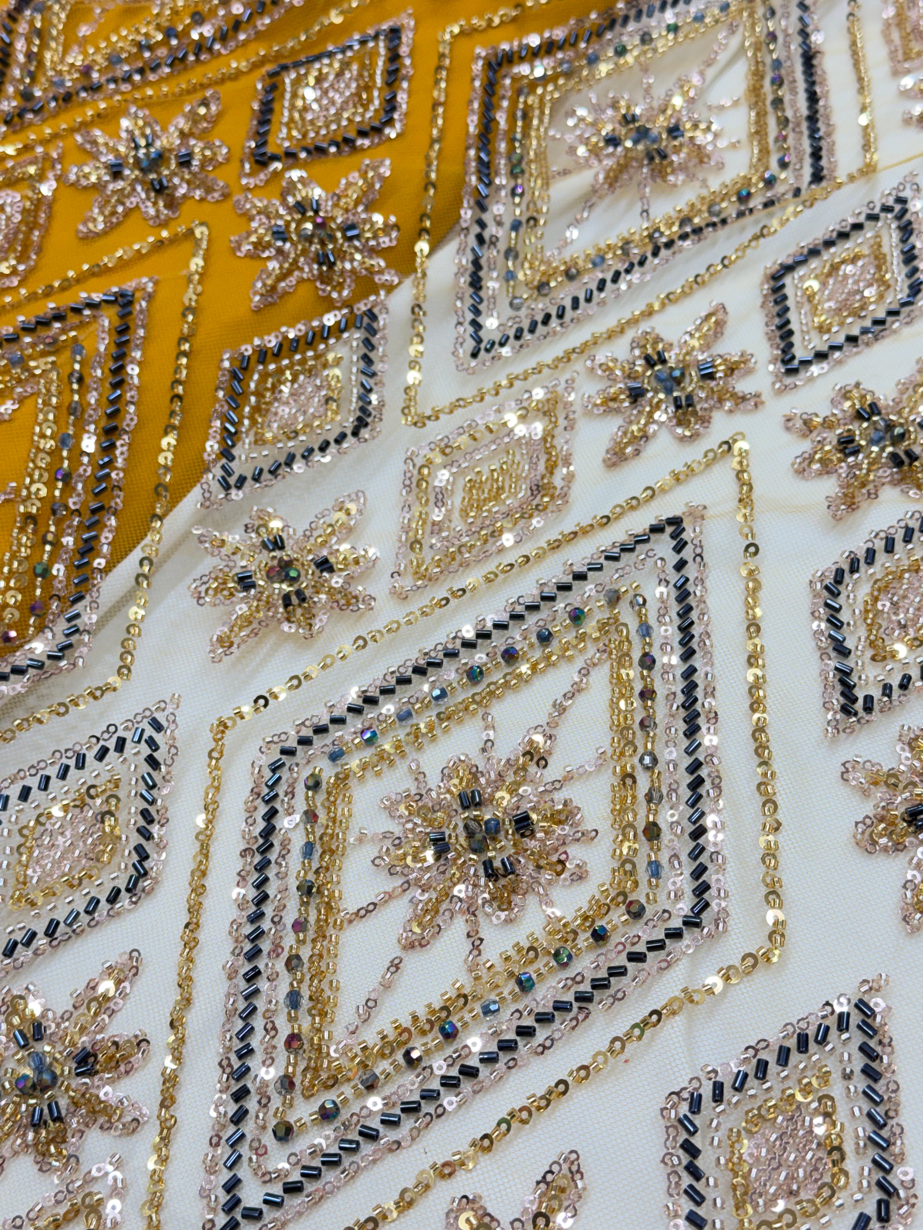 Yellow Diamond Beadwork Net Fabric | 2505229