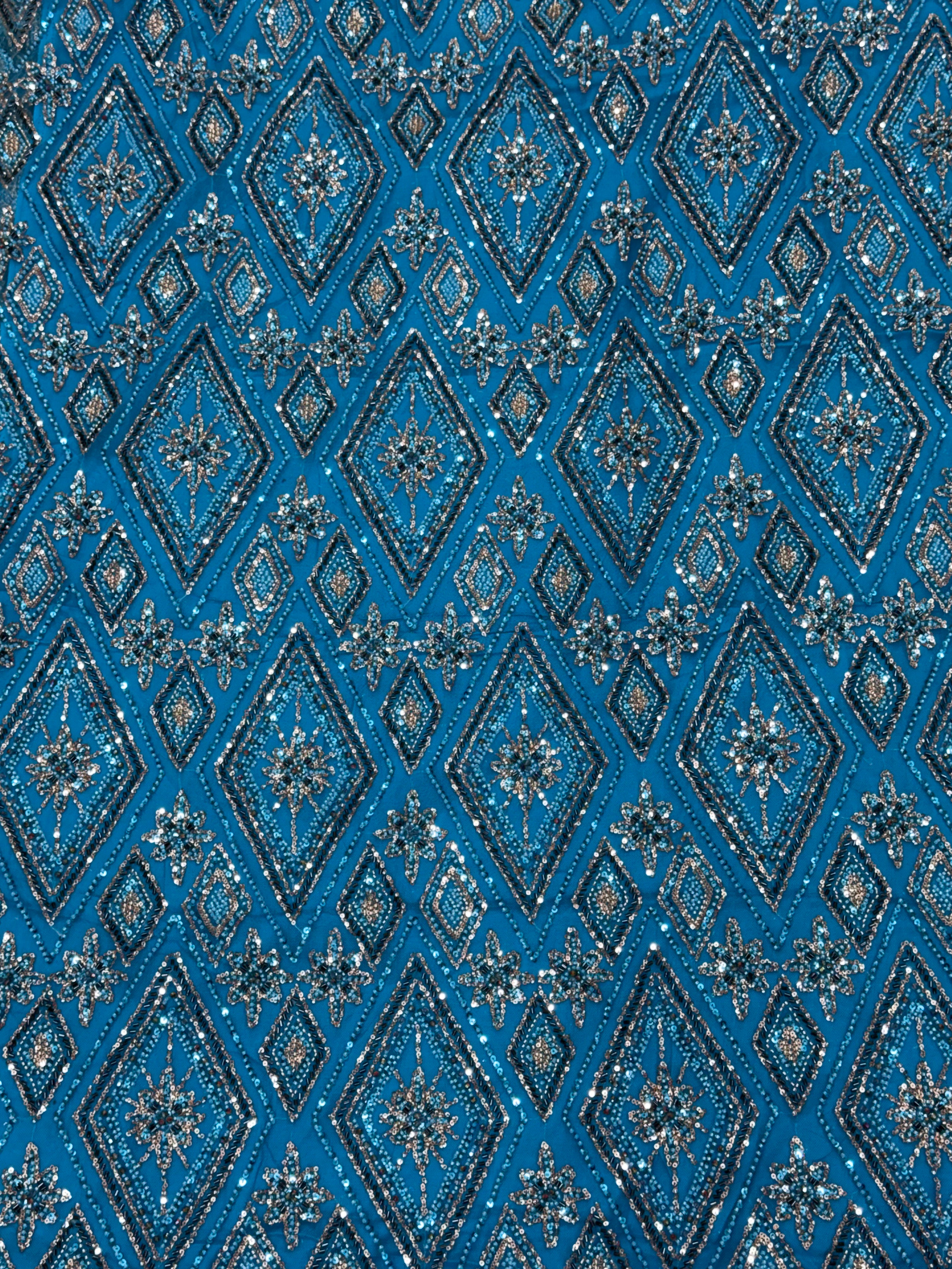 Blue Diamond Beadwork Net Fabric | 2505230