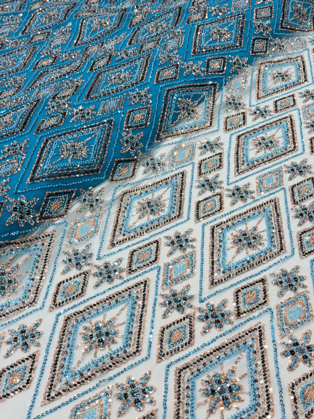 Blue Diamond Beadwork Net Fabric | 2505230