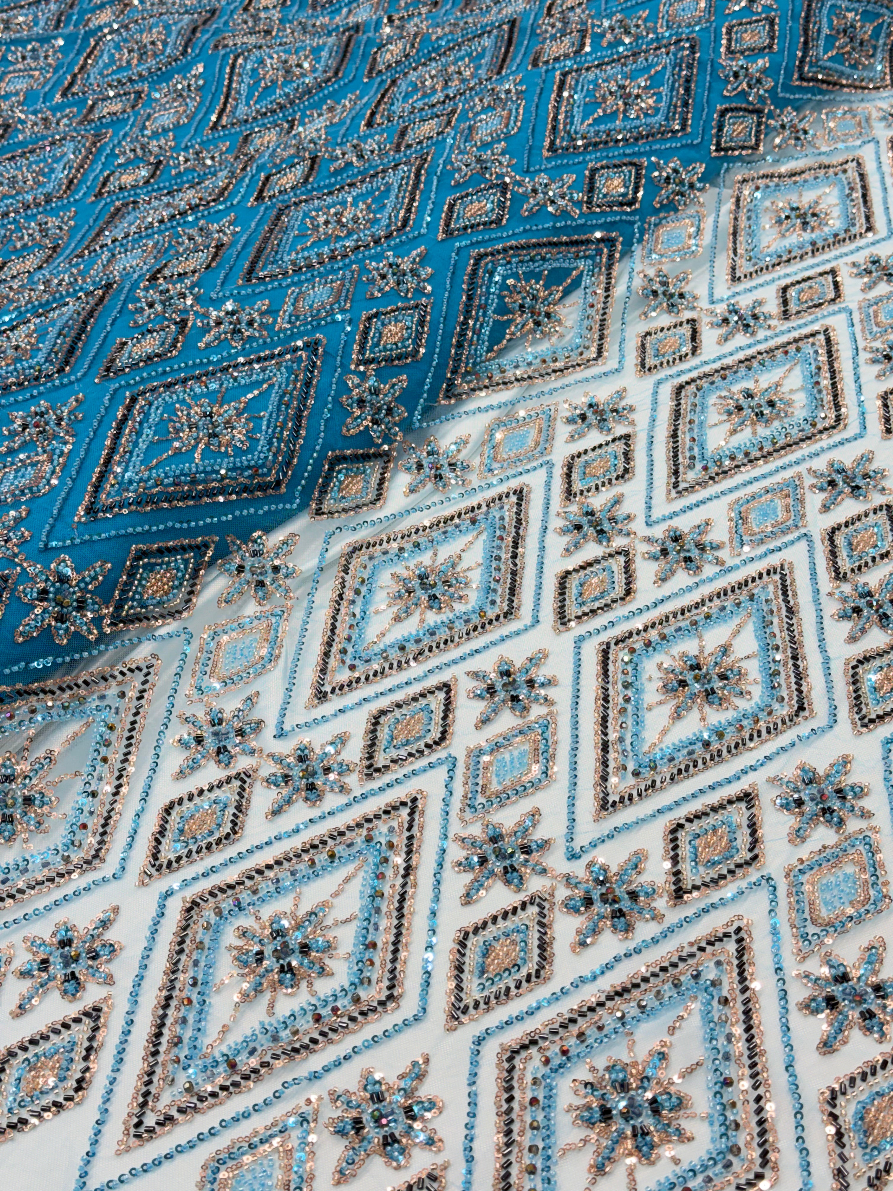 Blue Diamond Beadwork Net Fabric | 2505230