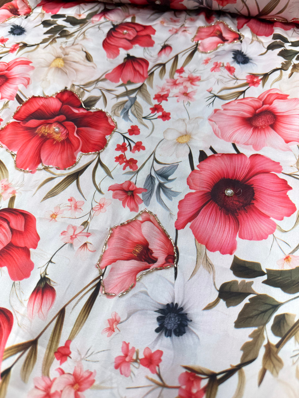 Ivory Coral Bloom Embellished Satin Print | 2502062