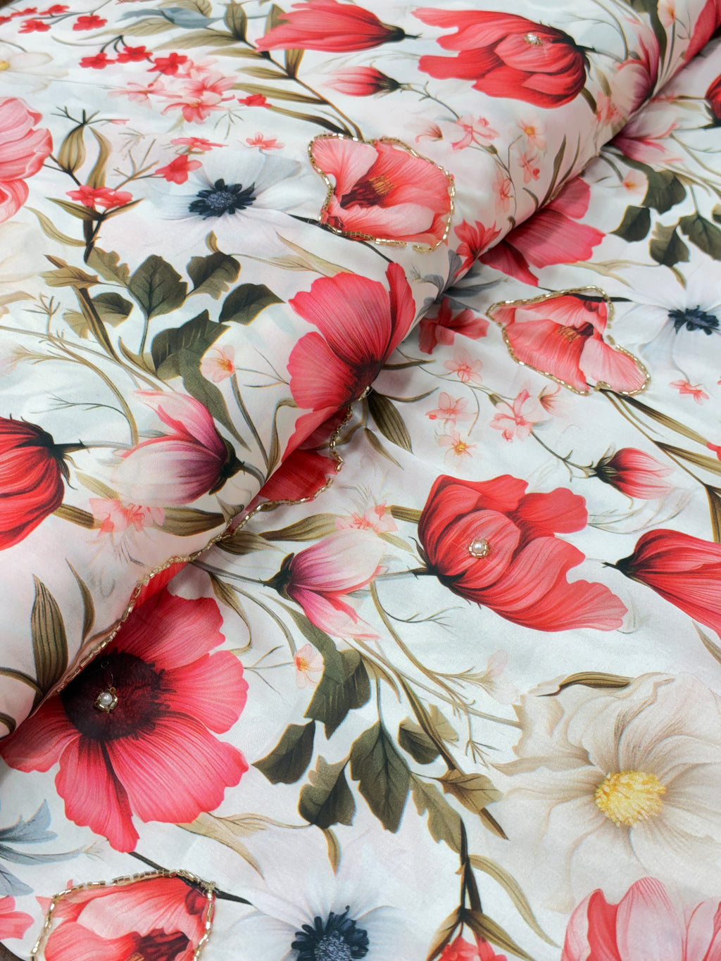 Ivory Coral Bloom Embellished Satin Print | 2502062
