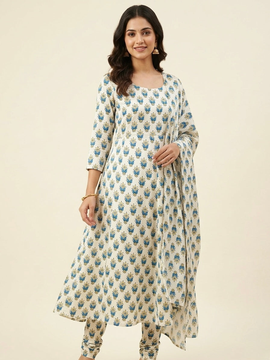 Ivory Azure Mughal Motif Modal Satin Print | 2506923