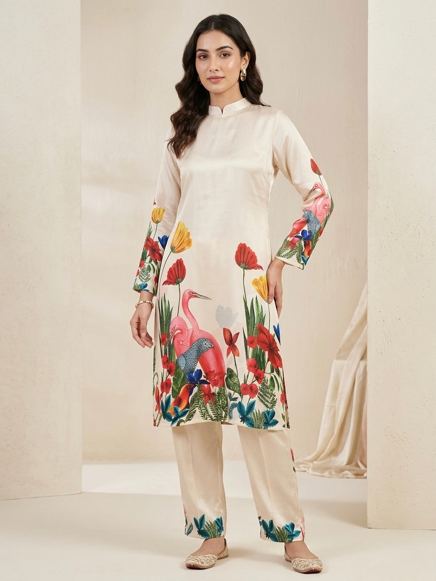 Ivory Tropical Aviary Armani Satin Print | 2502062