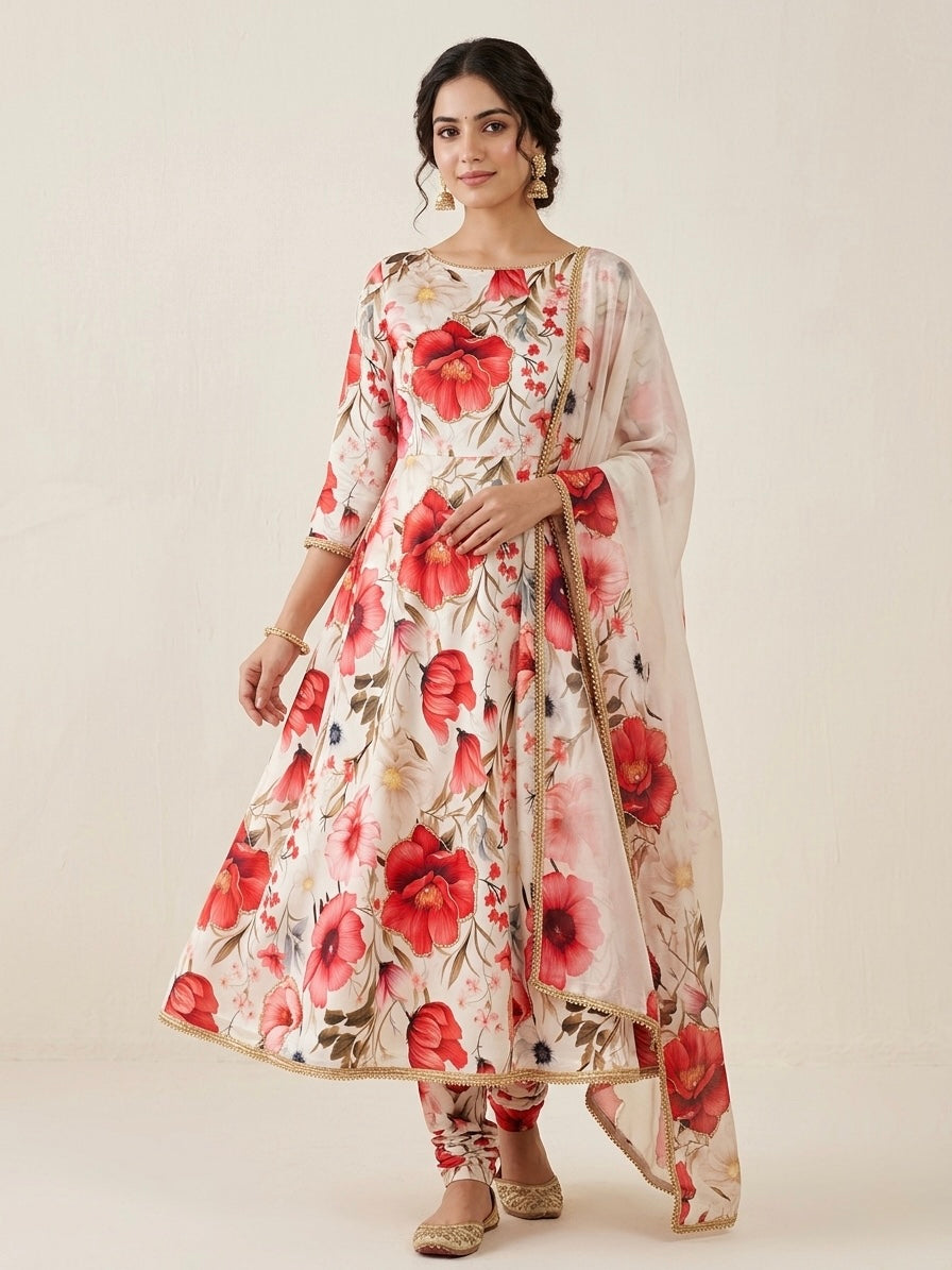 Ivory Coral Bloom Embellished Satin Print | 2502062