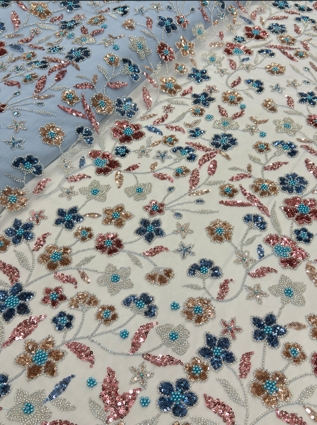 Powder Blue Multicolour Floral Beadwork Net Fabric | 2504096