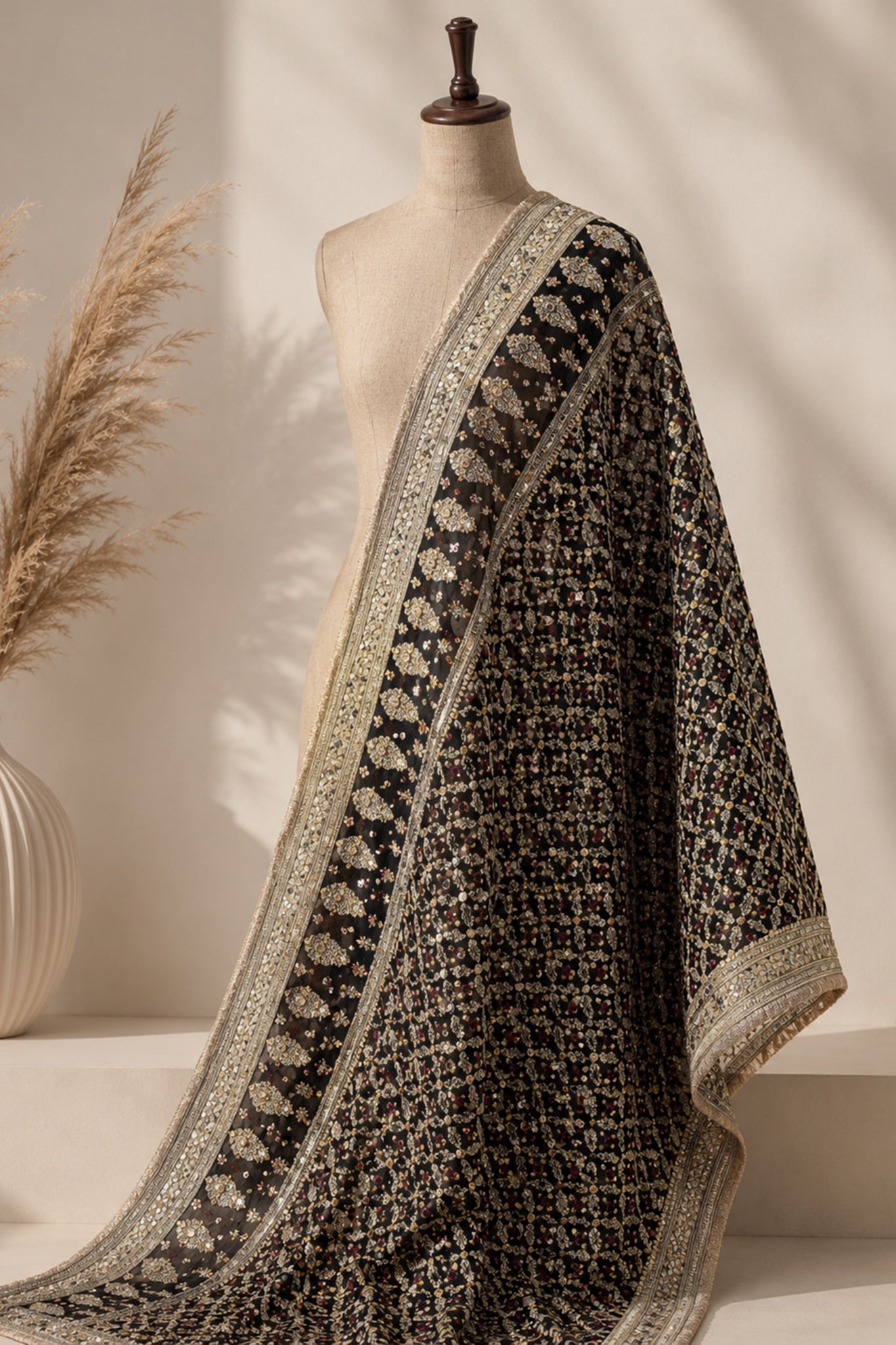 Black Pure Mysore Georgette Banarasi Bandhej Dupatta with Mirror Accents | 2500593
